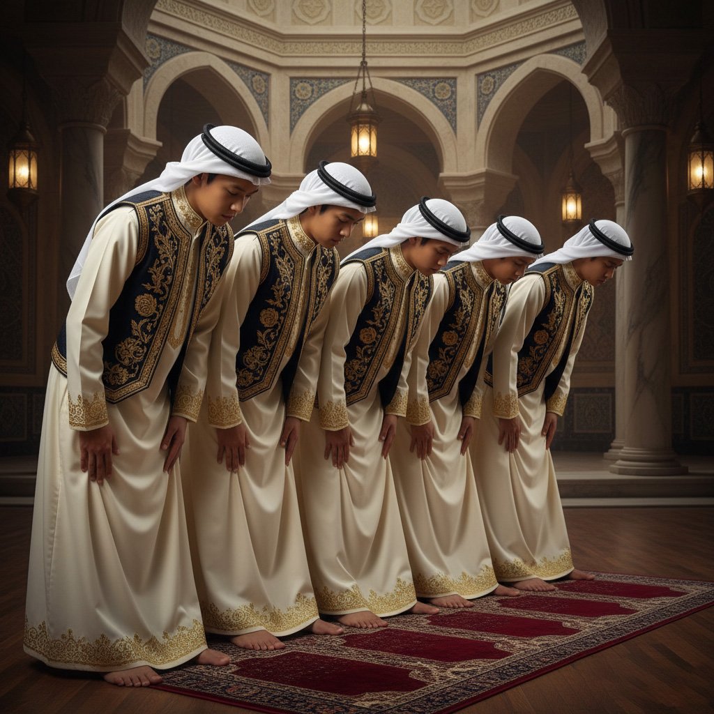 Young Muslim boys performing music on stage with dramatic lighting